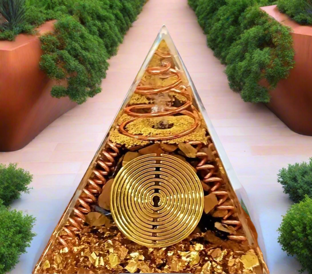 Gold Money Attraction And Energy Cleansing Tiger Eye/Clear Quartz Orgone Pyramid