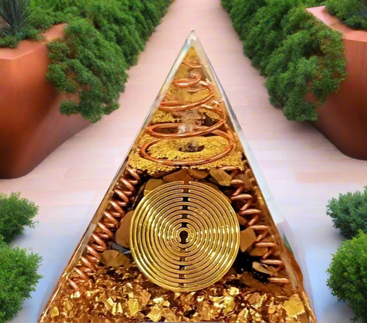 Gold Money Attraction And Energy Cleansing Tiger Eye/Clear Quartz Orgone Pyramid
