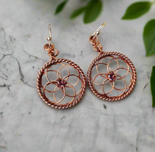 Pure wire Wrapped copper flower of life earrings