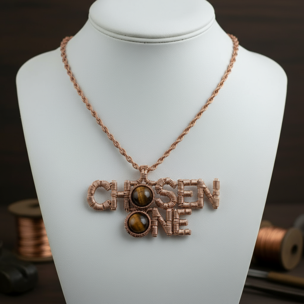 Custom copper wire wrapped chosen one statement necklace with tigers eye crystals