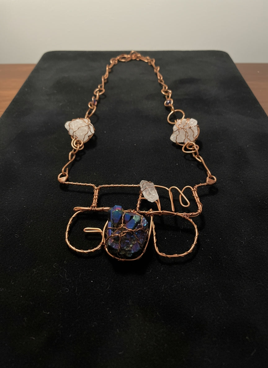 Large statement, crystal and name wire wrapped copper necklace