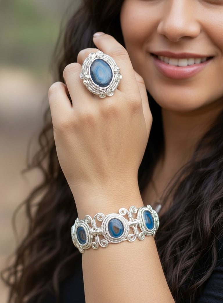Sterling silver wire wrapped agate Ring and bracelet set