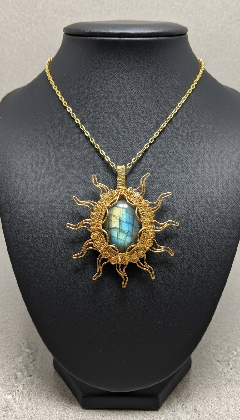 Non-tarnish, gold wire wrapped labradorite sun necklace