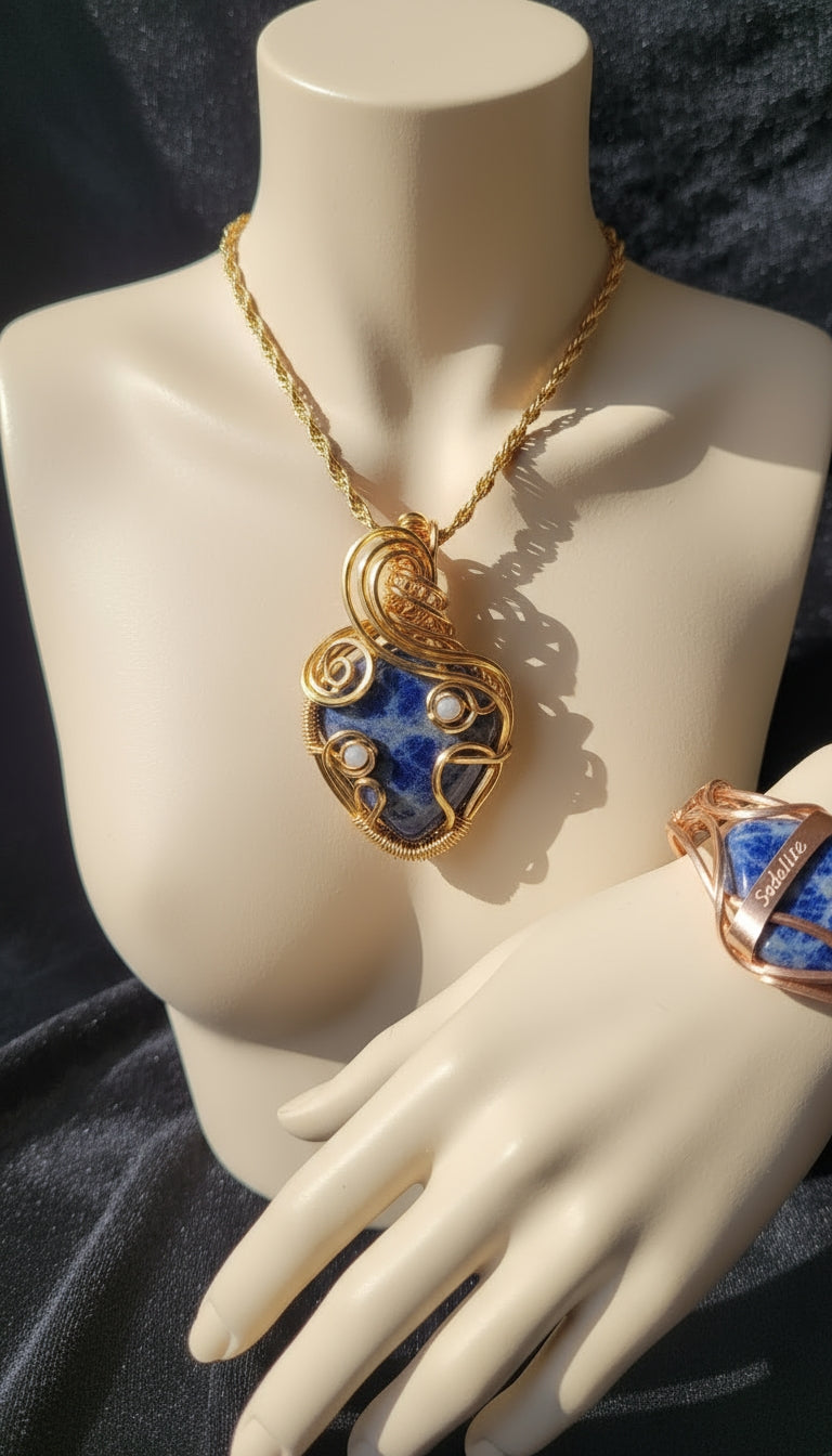 Non Tarnishing Gold Wire Wrapped Sodalite Set
