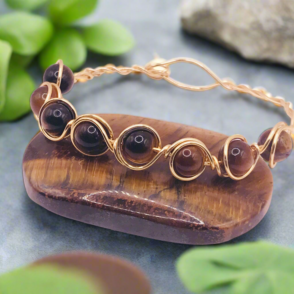 Wire Wrapped 18K Gold Plated Tigers Eye Bracelet
