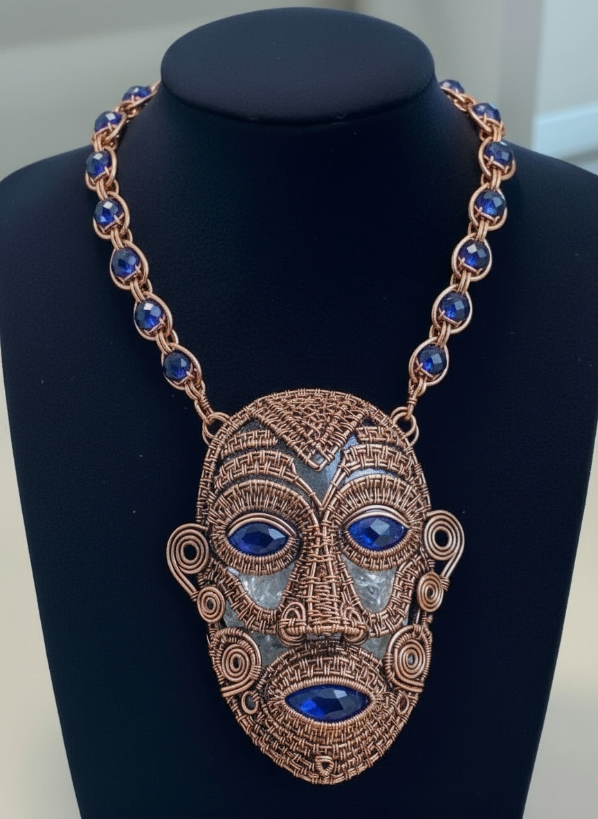 iamevibez Custom Copper Wire Wrapped Amethyst And Clear Quartz Mask Necklace