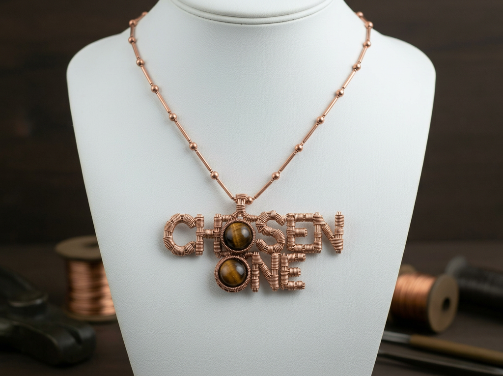 Custom copper wire wrapped chosen one statement necklace with tigers eye crystals￼