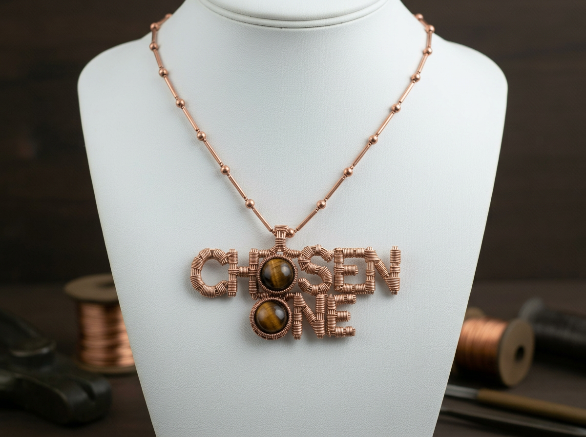 Custom copper wire wrapped chosen one statement necklace with tigers eye crystals￼