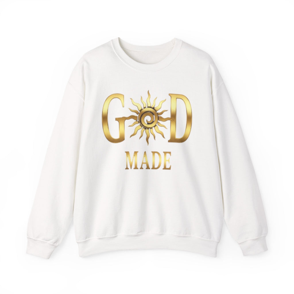 God Made Crewneck Sweatshirt — Gold Sun Faith Graphic