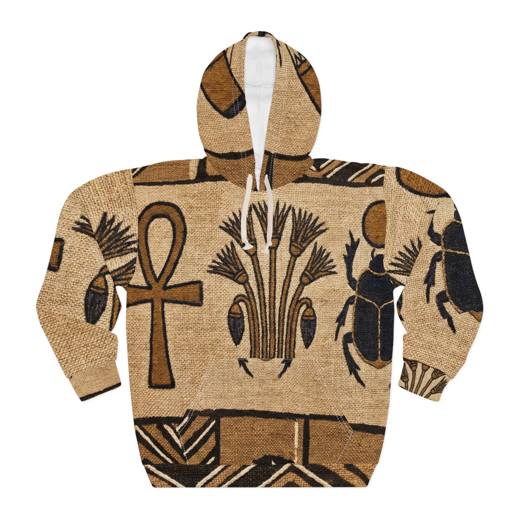 Egyptian Hieroglyphs Hoodie – Scarab & Ankh All-Over Print Pullover
