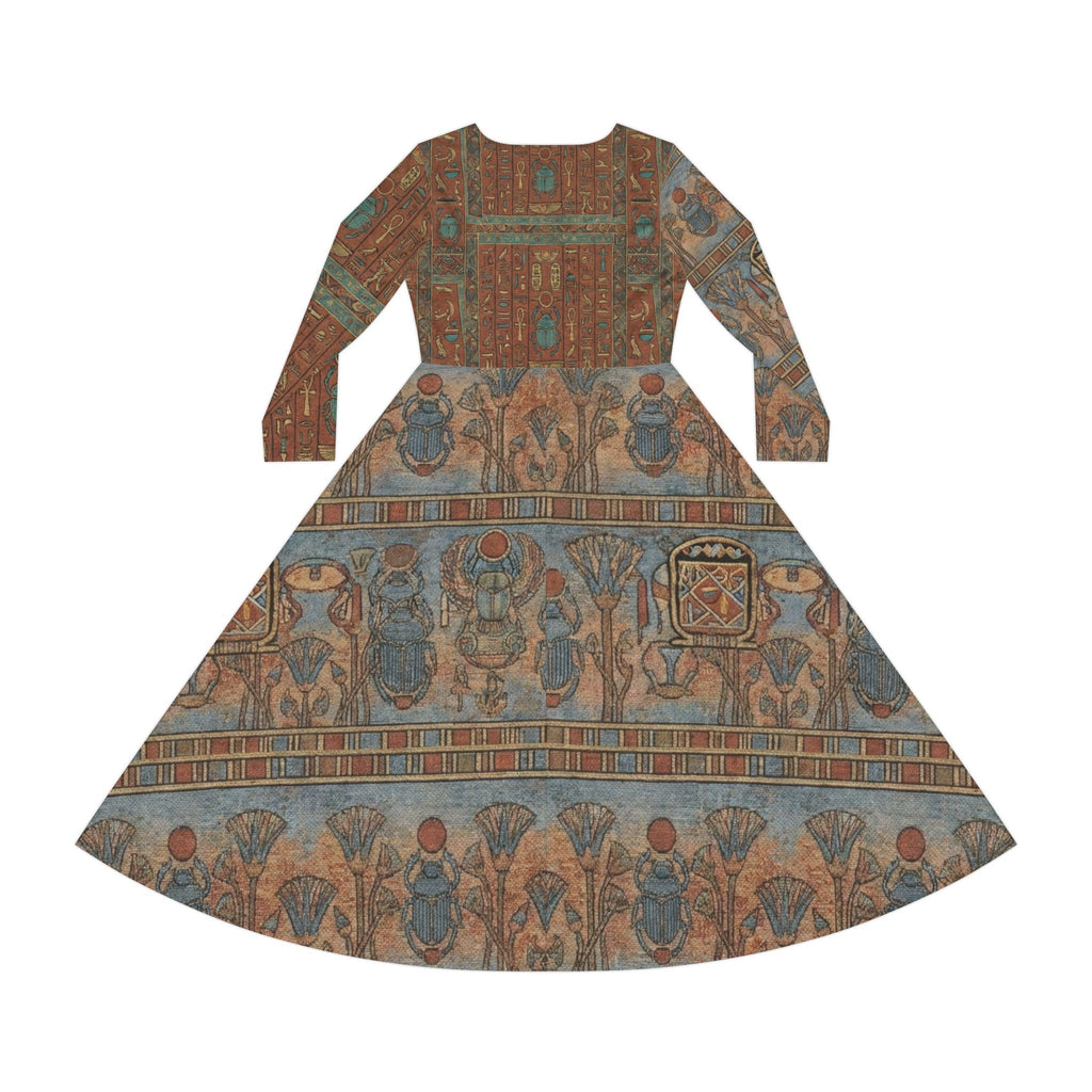 Maxi Dress — Vintage Egyptian Scarab Print Long-Sleeve Dance Dress