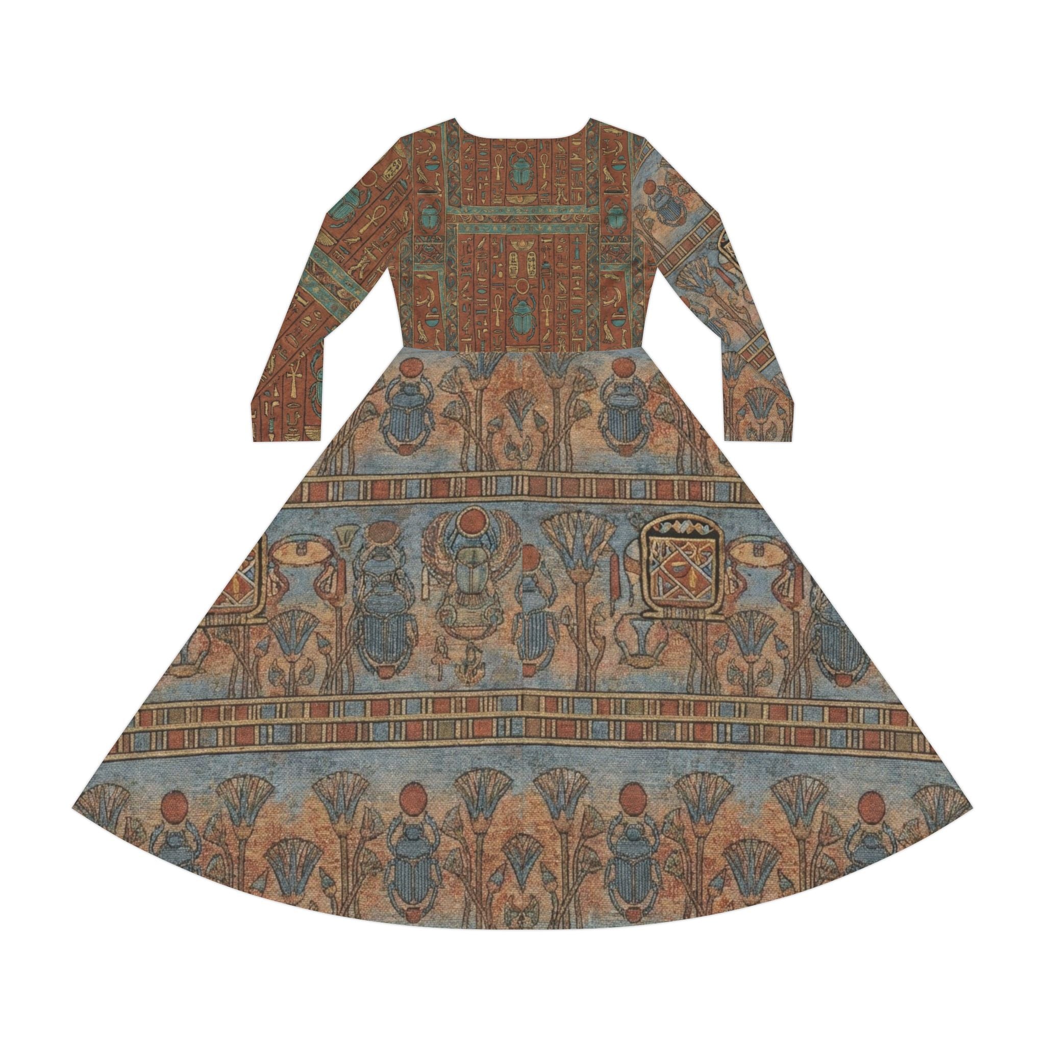 Maxi Dress — Vintage Egyptian Scarab Print Long-Sleeve Dance Dress
