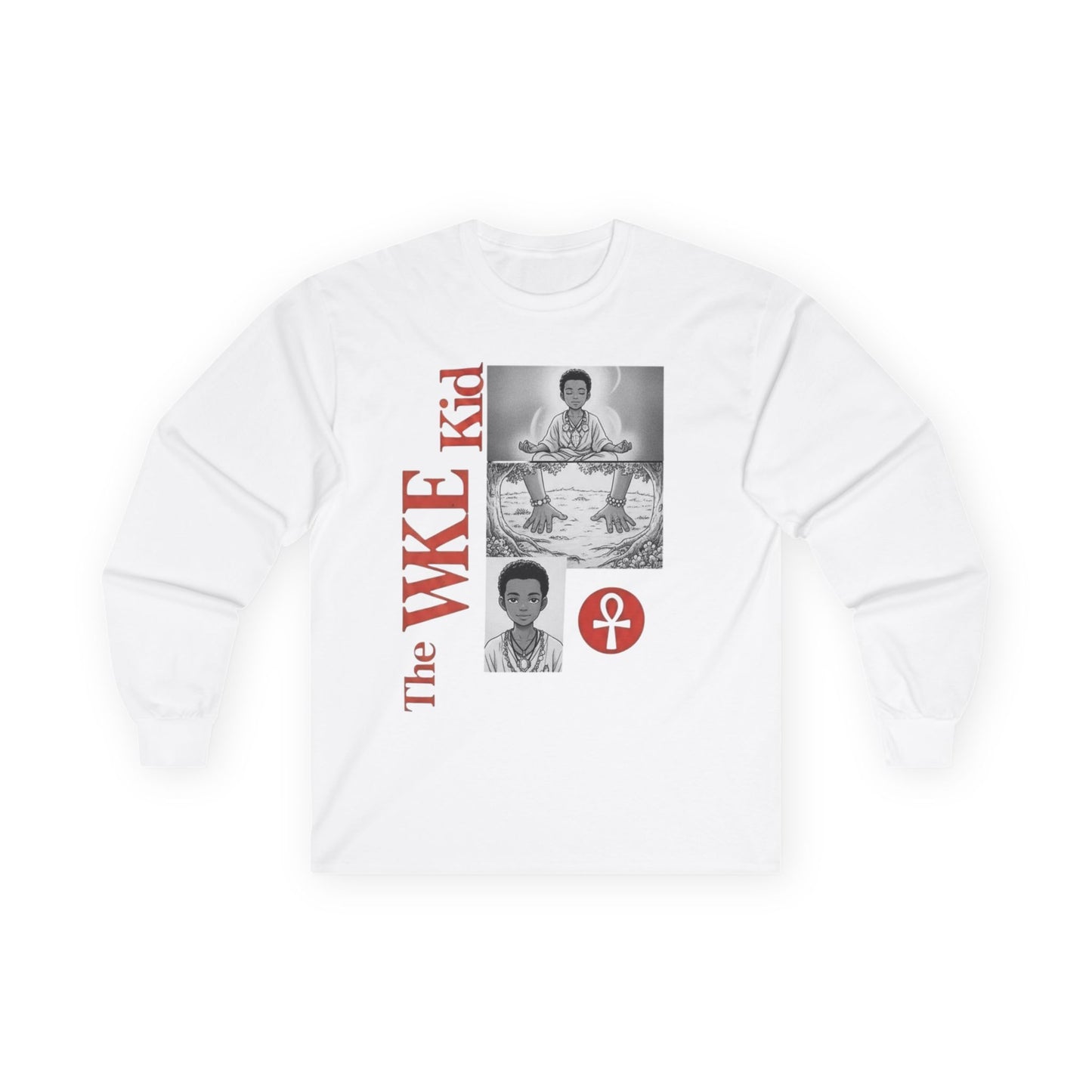 WKE Kid Long Sleeve Tee (Red Text) - Unisex Retro Graphic Shirt
