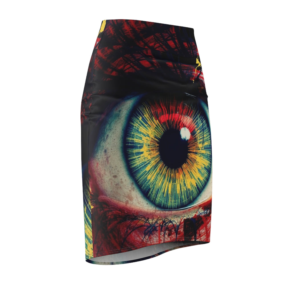 WKE WRLD Eye-Catching Eye Women's Pencil Skirt, Vibrant Art Skirt, Fashionable Office Wear, Statement Piece, Trendy Night Out Outfit