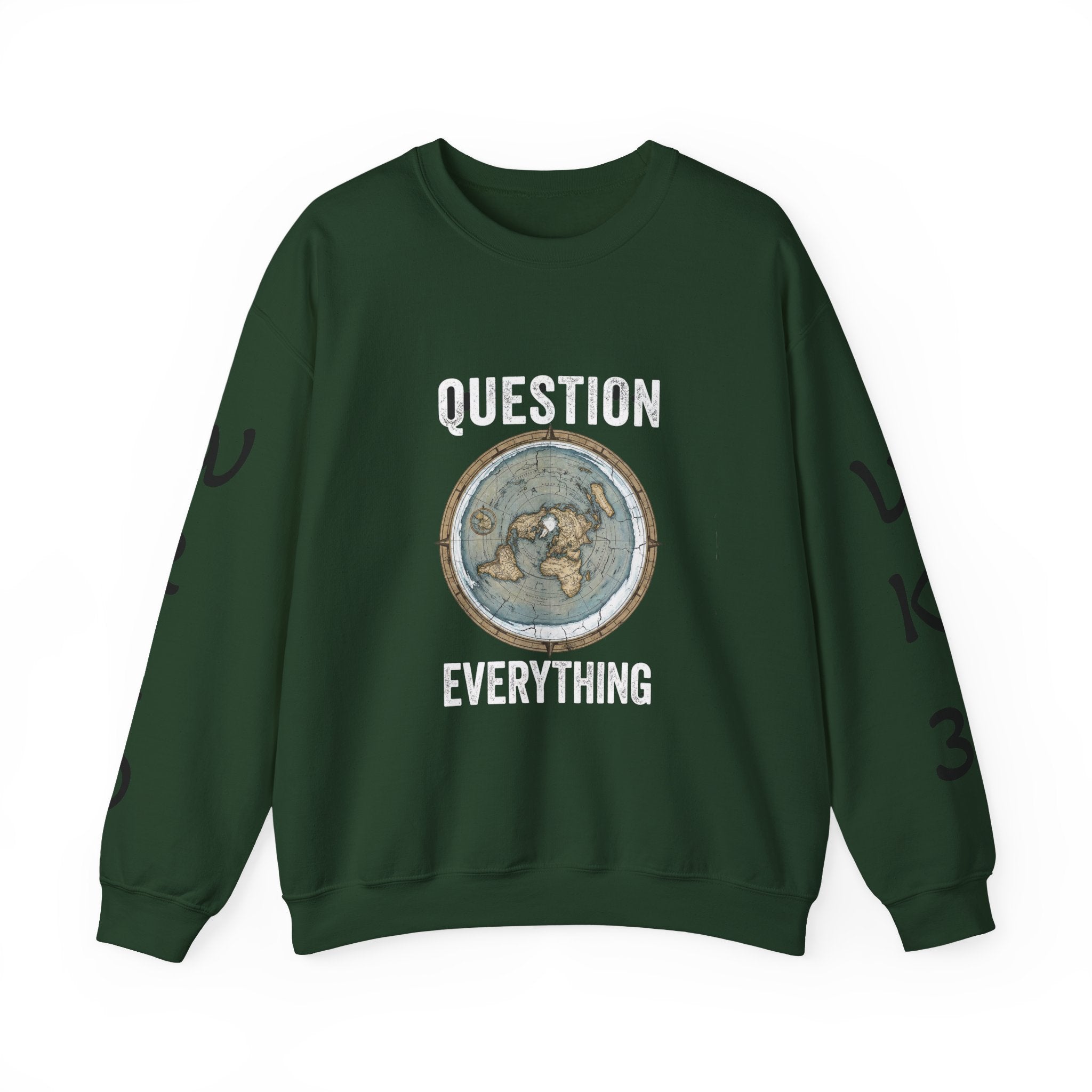 Question Everything Sweatshirt — Flat Earth Map Graphic Crewneck