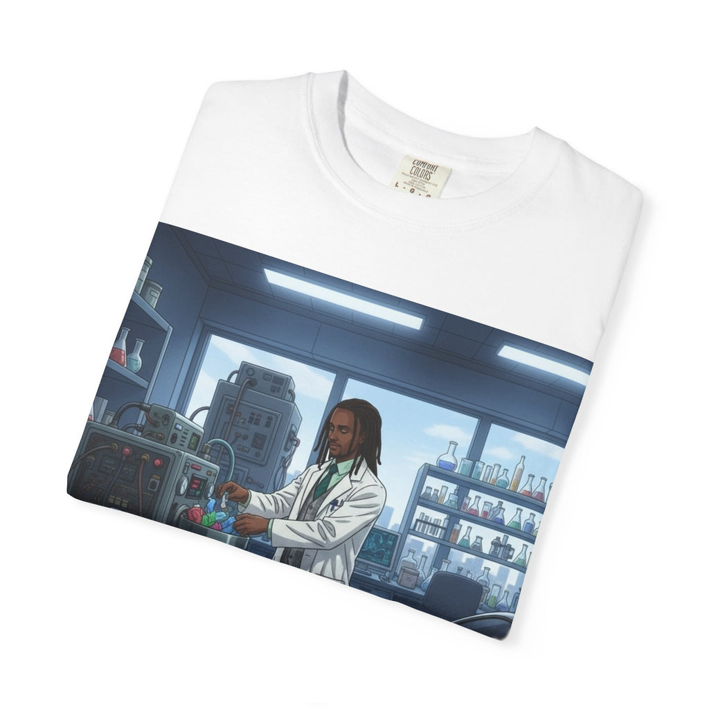 Nature Jab Lab Tech Garage Scene T-Shirt — Scientist at Work Graphic Tee