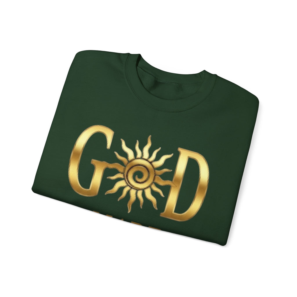 God Made Crewneck Sweatshirt — Gold Sun Faith Graphic