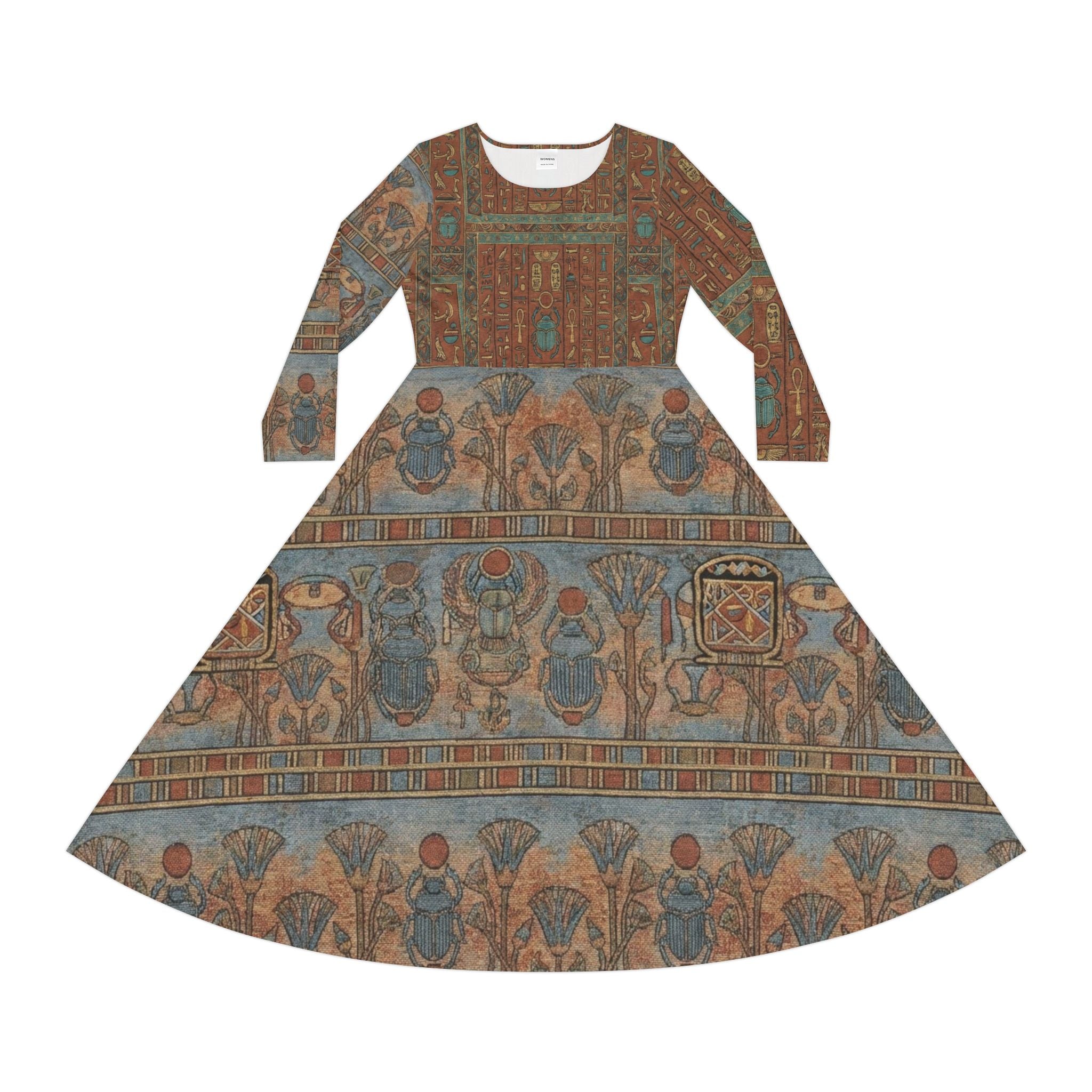 Maxi Dress — Vintage Egyptian Scarab Print Long-Sleeve Dance Dress