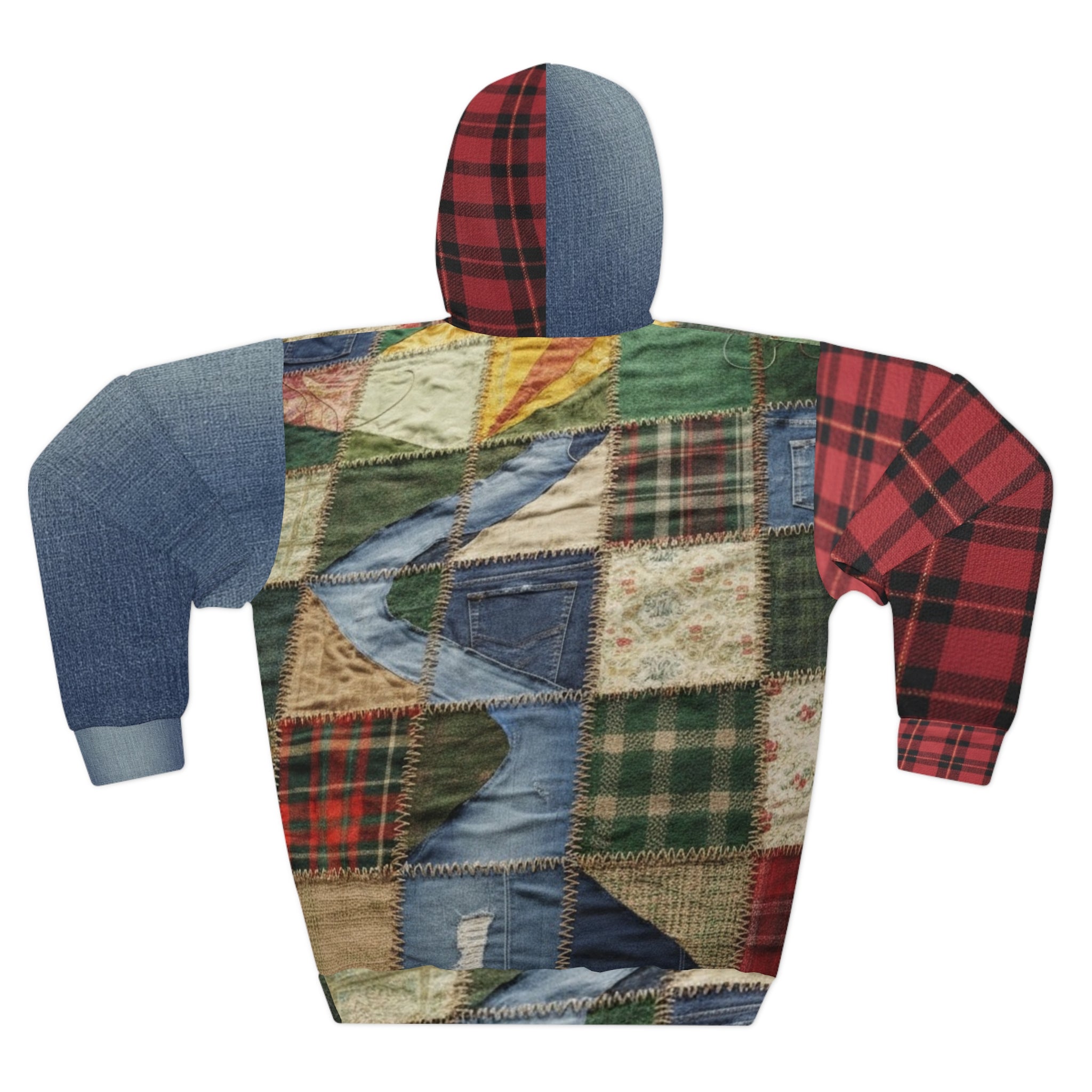 Patchwork Quilted Pattern Hoodie — Vintage Rustic Plaid All-Over Print