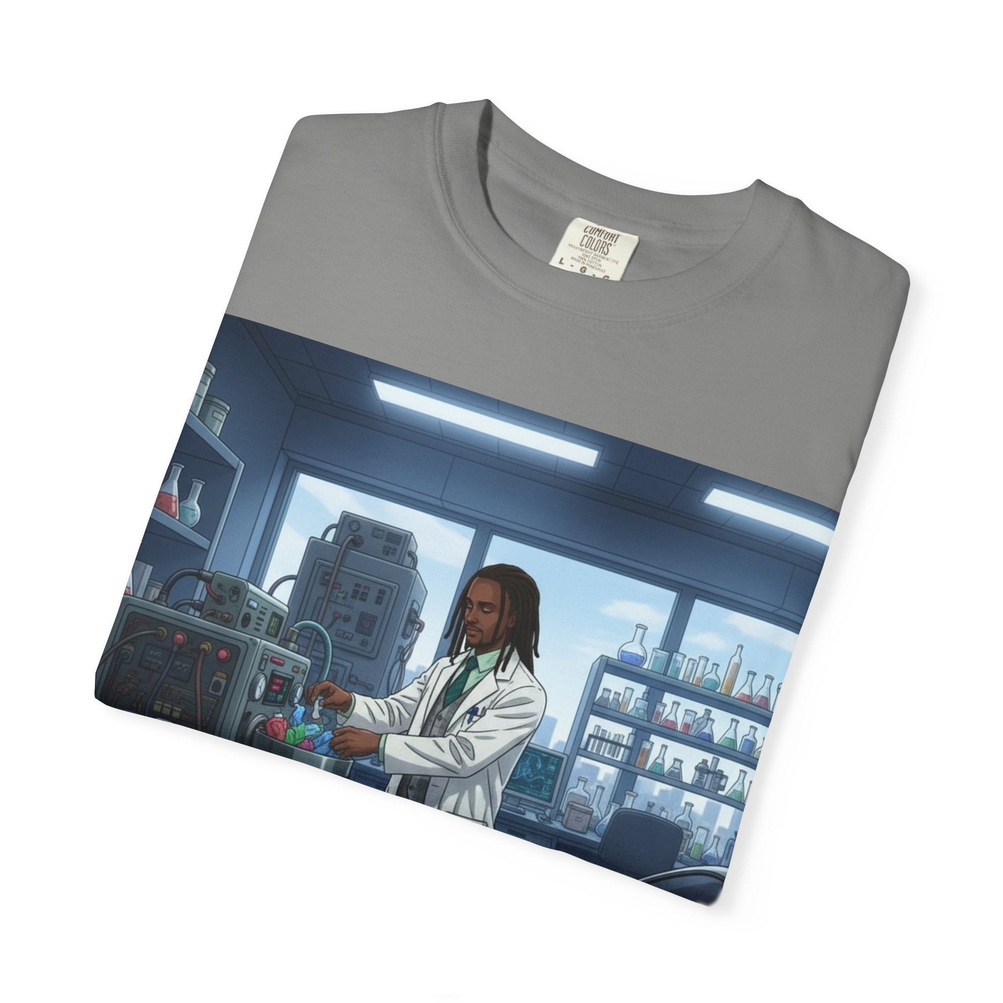 Nature Jab Lab Tech Garage Scene T-Shirt — Scientist at Work Graphic Tee