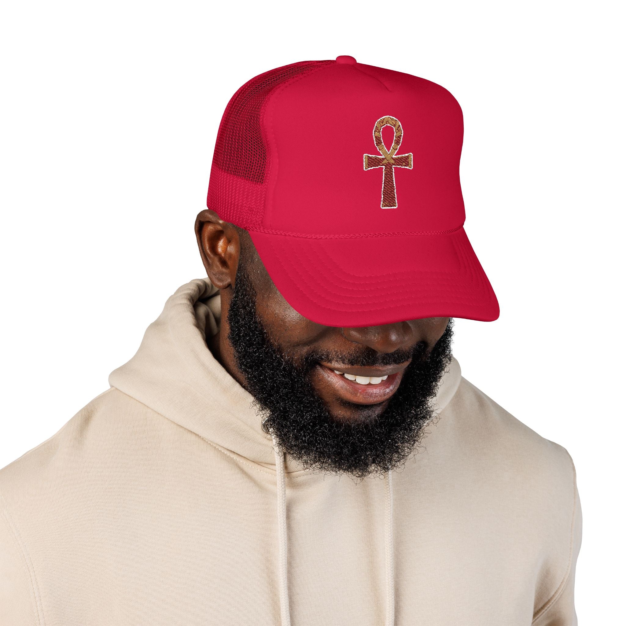 Embroidered Ankh Foam Trucker Hat - Stylish & Trendy Cap