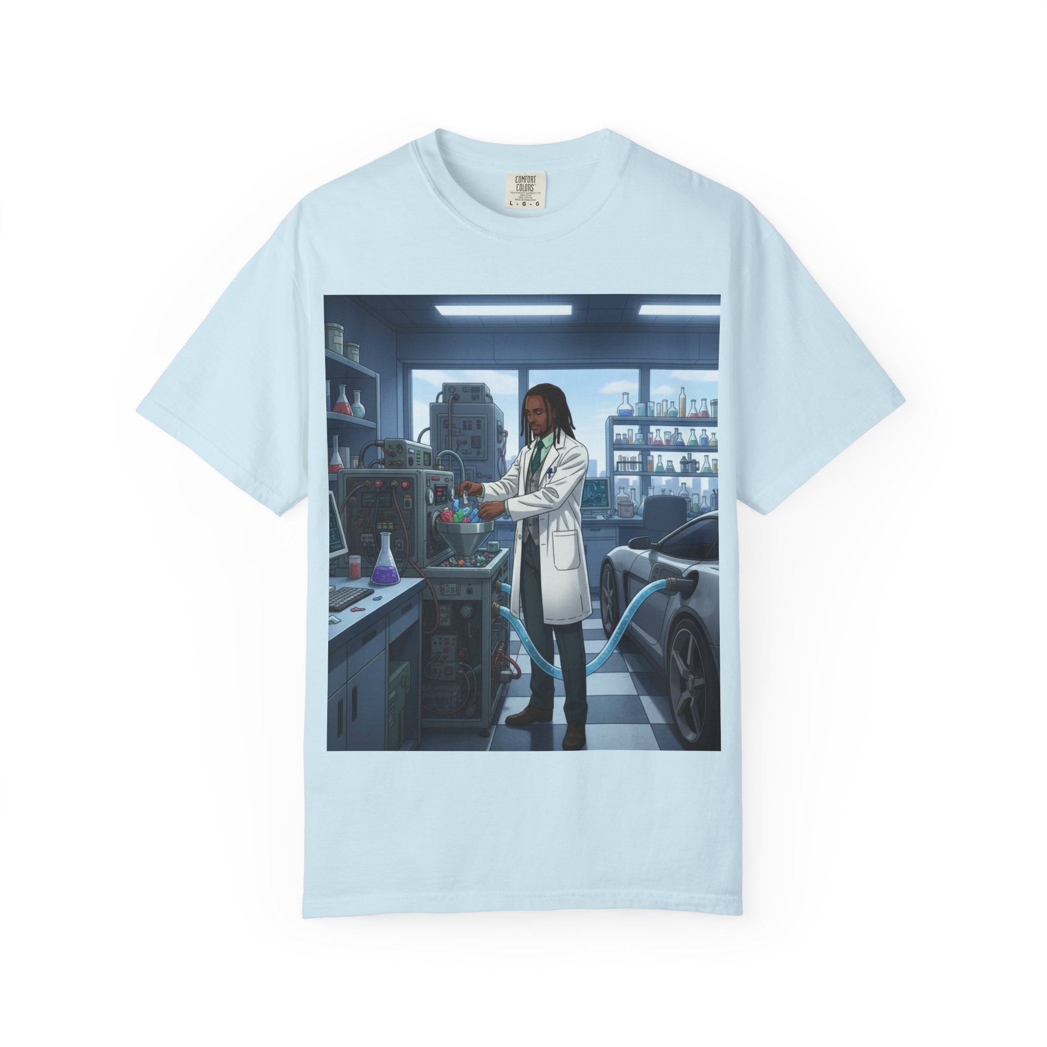 Nature Jab Lab Tech Garage Scene T-Shirt — Scientist at Work Graphic Tee