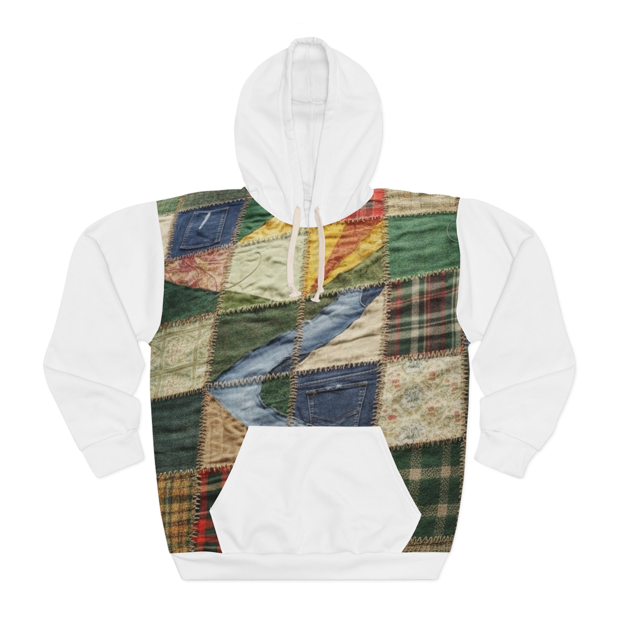 White Patchwork Quilt Pattern Hoodie — Vintage Rustic Plaid All-Over Print