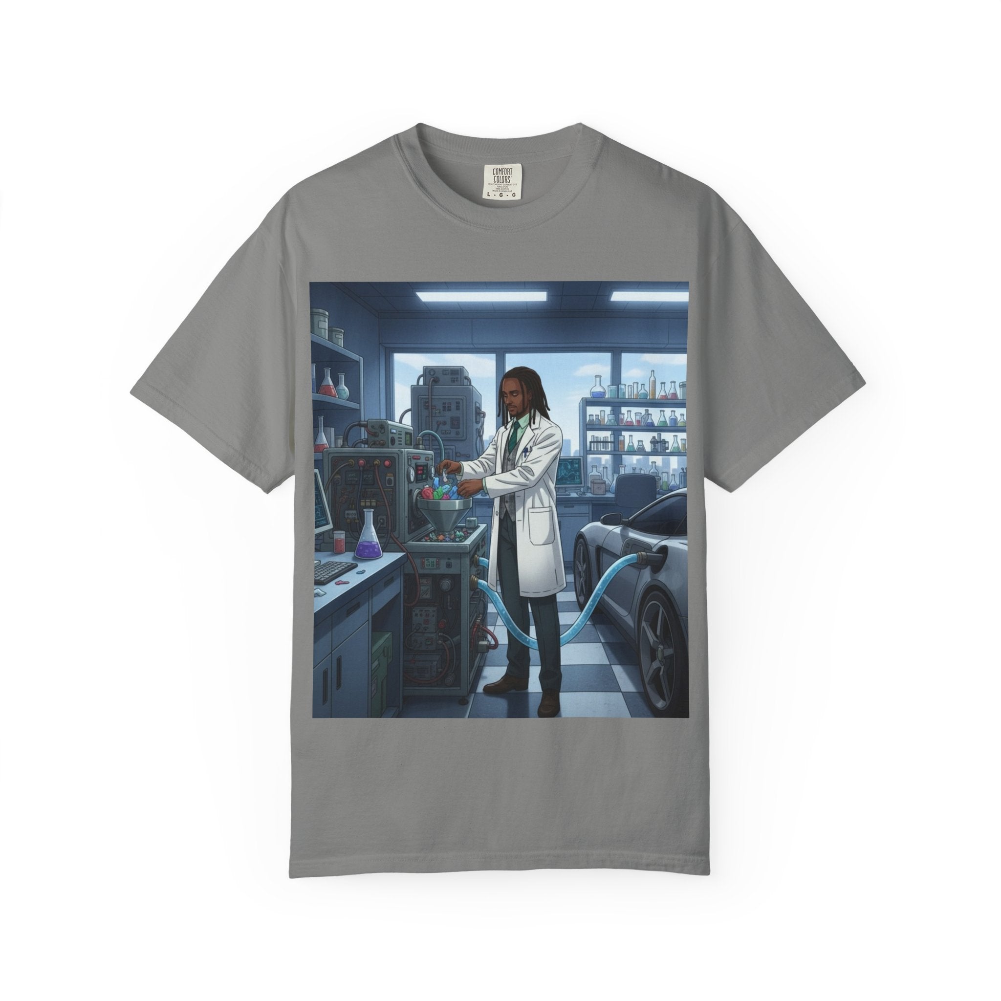 Nature Jab Lab Tech Garage Scene T-Shirt — Scientist at Work Graphic Tee