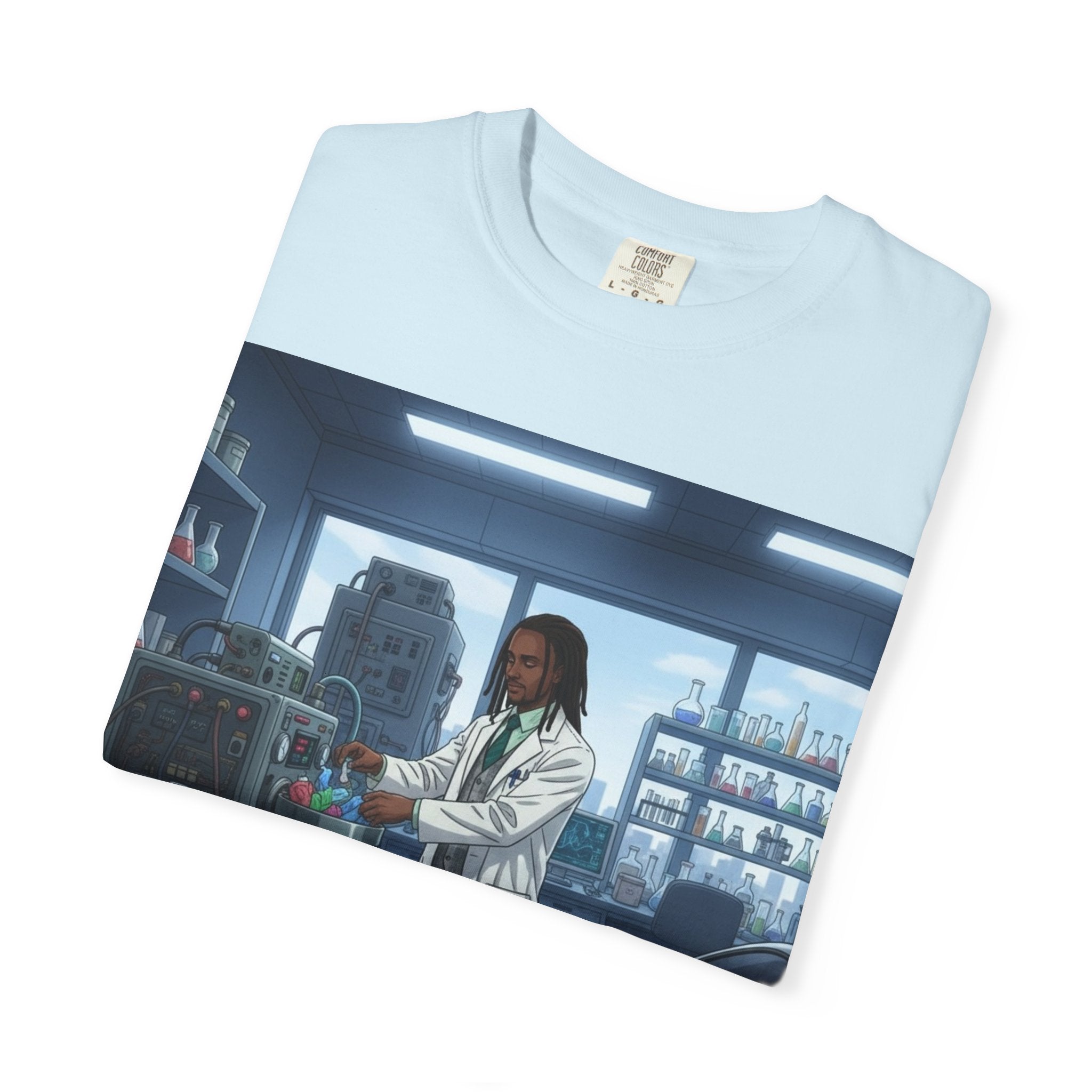 Nature Jab Lab Tech Garage Scene T-Shirt — Scientist at Work Graphic Tee