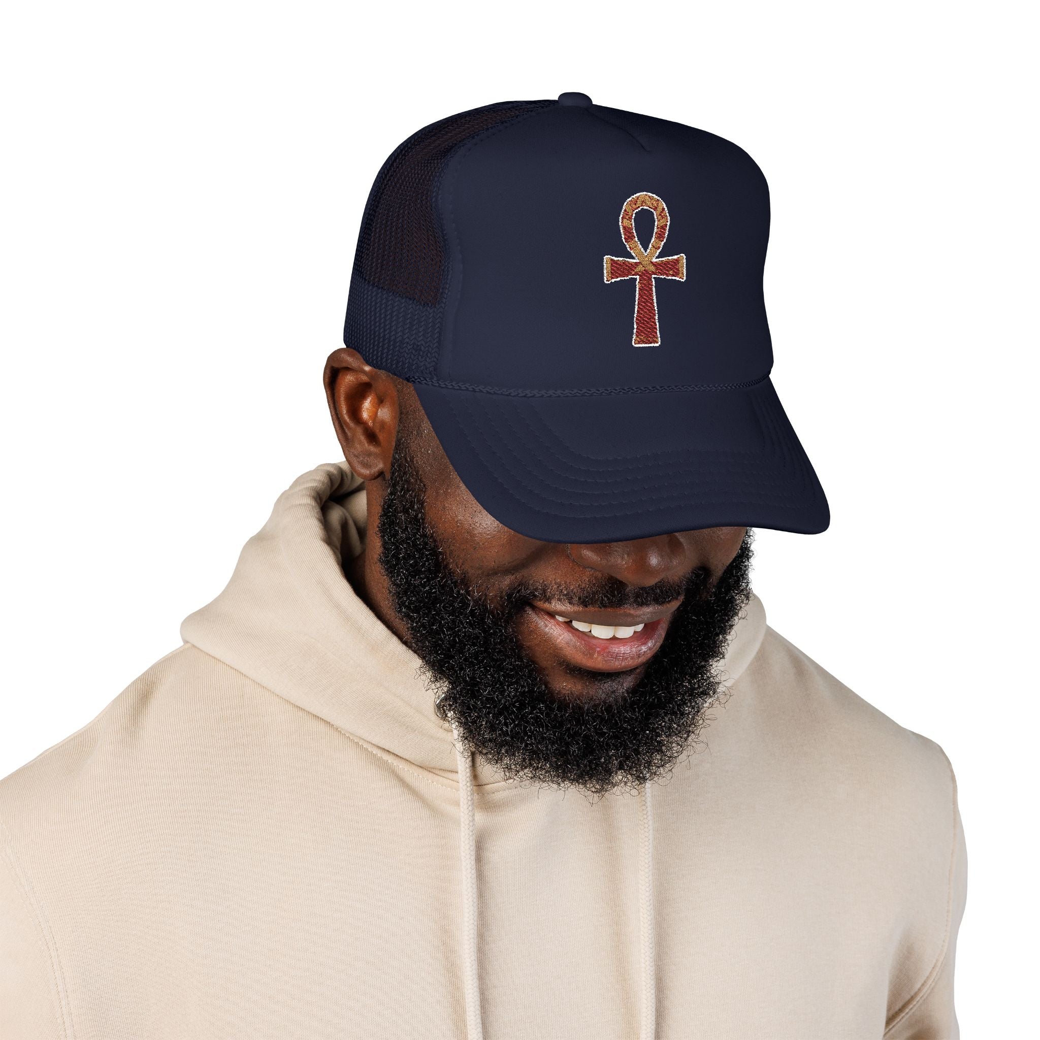 Embroidered Ankh Foam Trucker Hat - Stylish & Trendy Cap