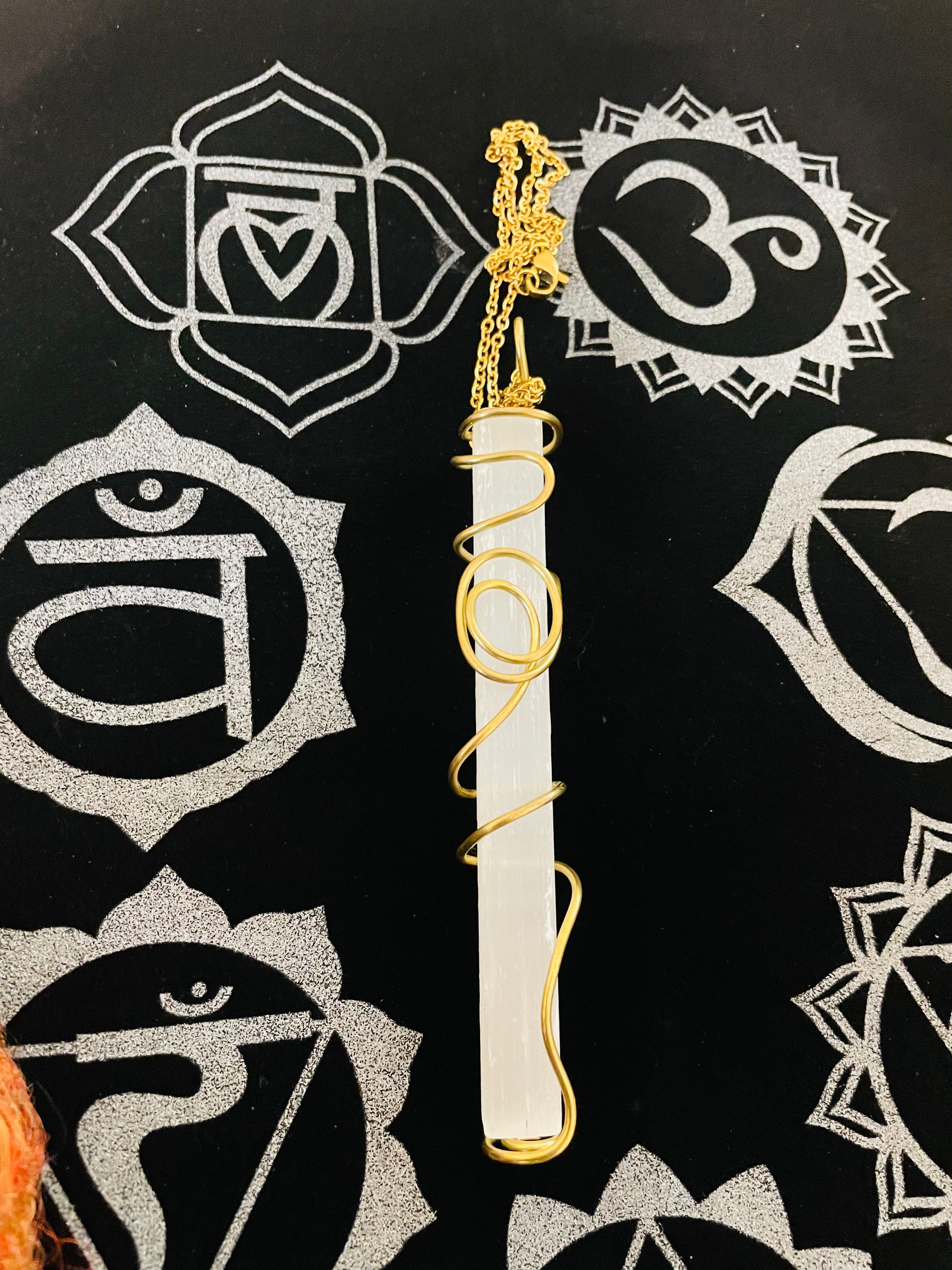 Iamevibez Custom Wire Wrapped brass selenite Wand Necklace
