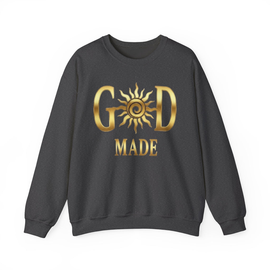 God Made Crewneck Sweatshirt — Gold Sun Faith Graphic