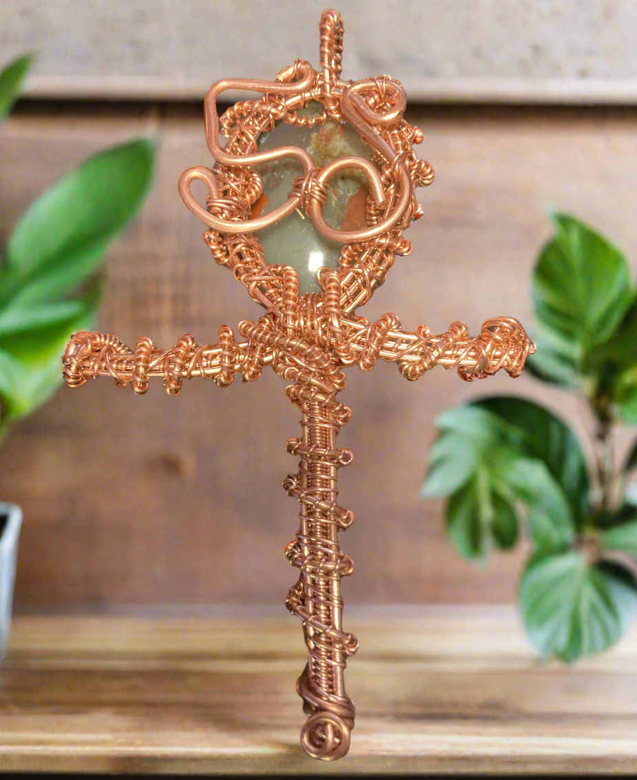 Custom Wire Wrapped Copper 5D Bloodstone Ankh Necklace