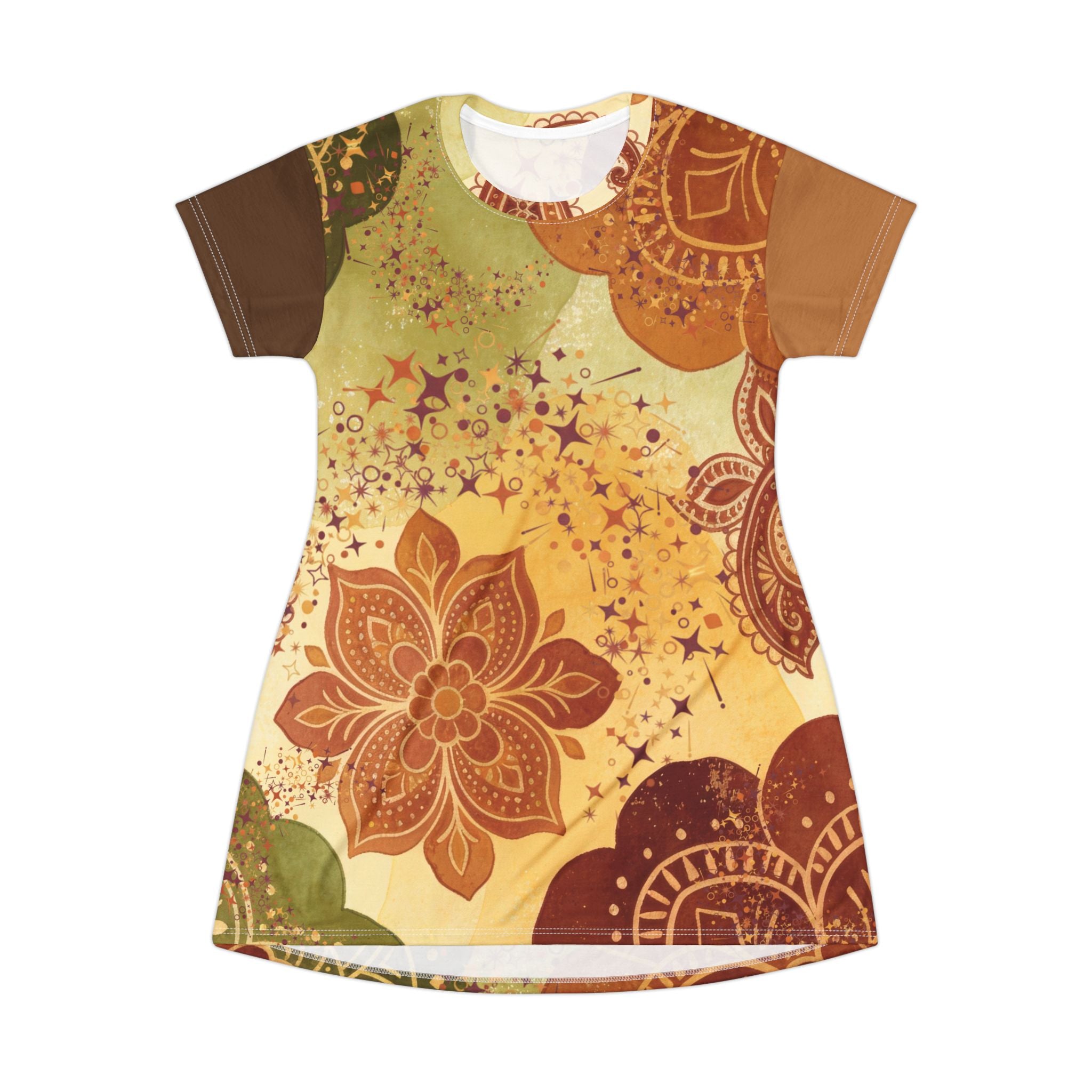 Boho Floral T‑Shirt Dress — Autumn Mandala AOP Print