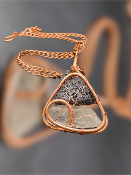 iamevibez Custom Copper Wire Wrapped Dual Stone Pendant Lava Stone & Clear Quartz