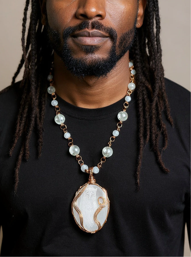 Yvng Gahd Wire Wrapped Selenite Owl Necklace