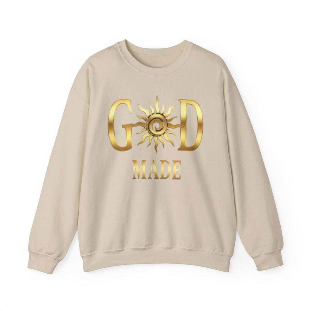 God Made Crewneck Sweatshirt — Gold Sun Faith Graphic