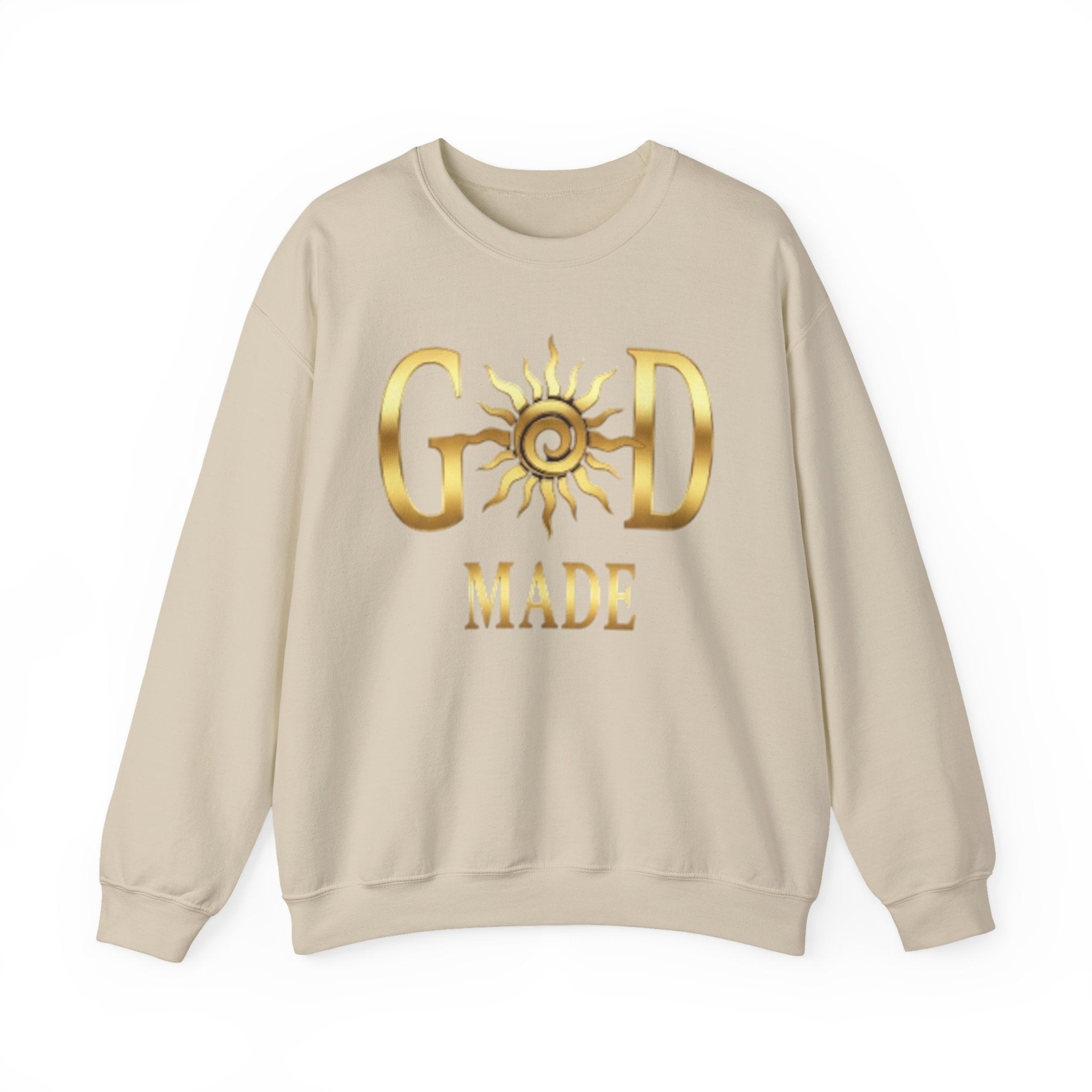 God Made Crewneck Sweatshirt — Gold Sun Faith Graphic
