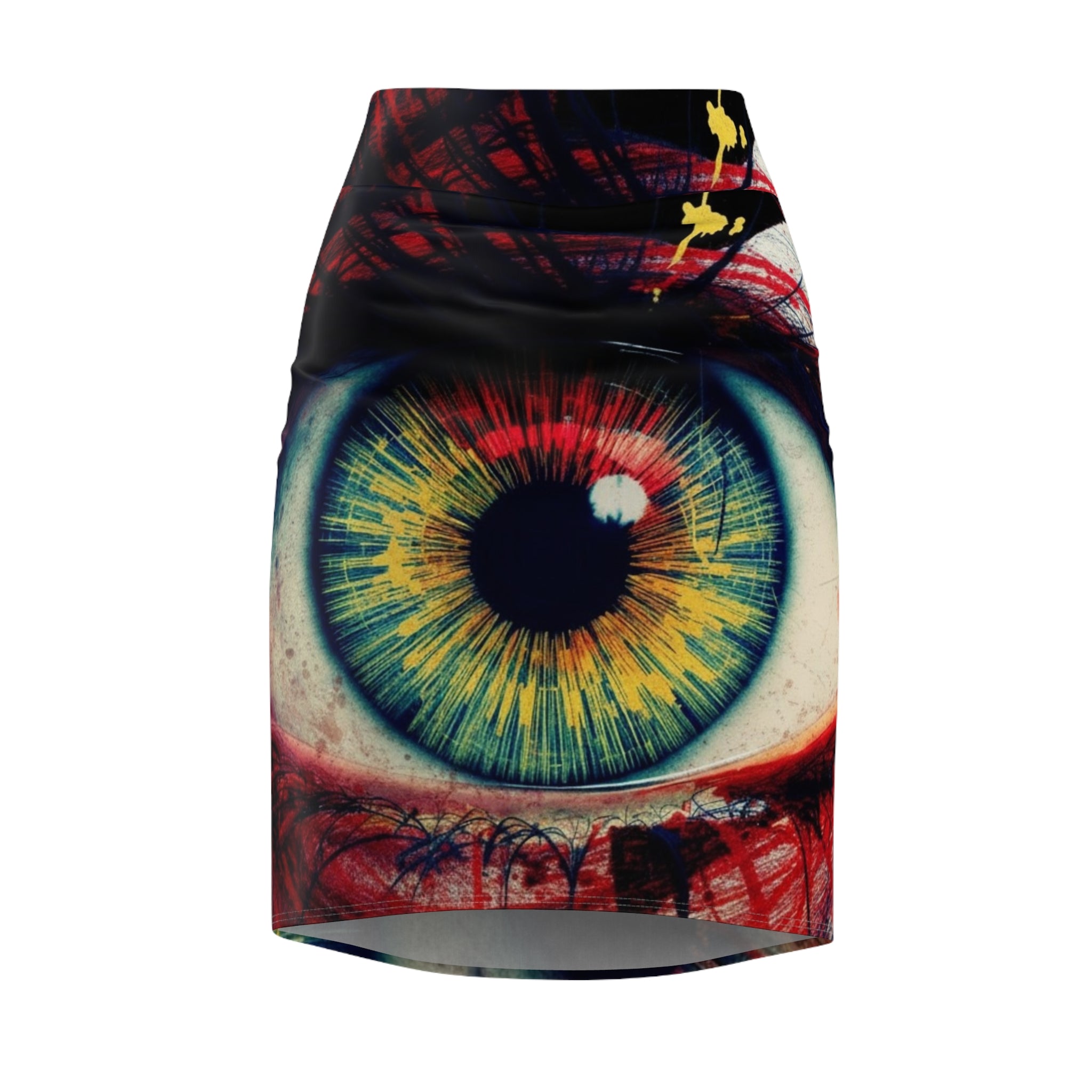 WKE WRLD Eye-Catching Eye Women's Pencil Skirt, Vibrant Art Skirt, Fashionable Office Wear, Statement Piece, Trendy Night Out Outfit