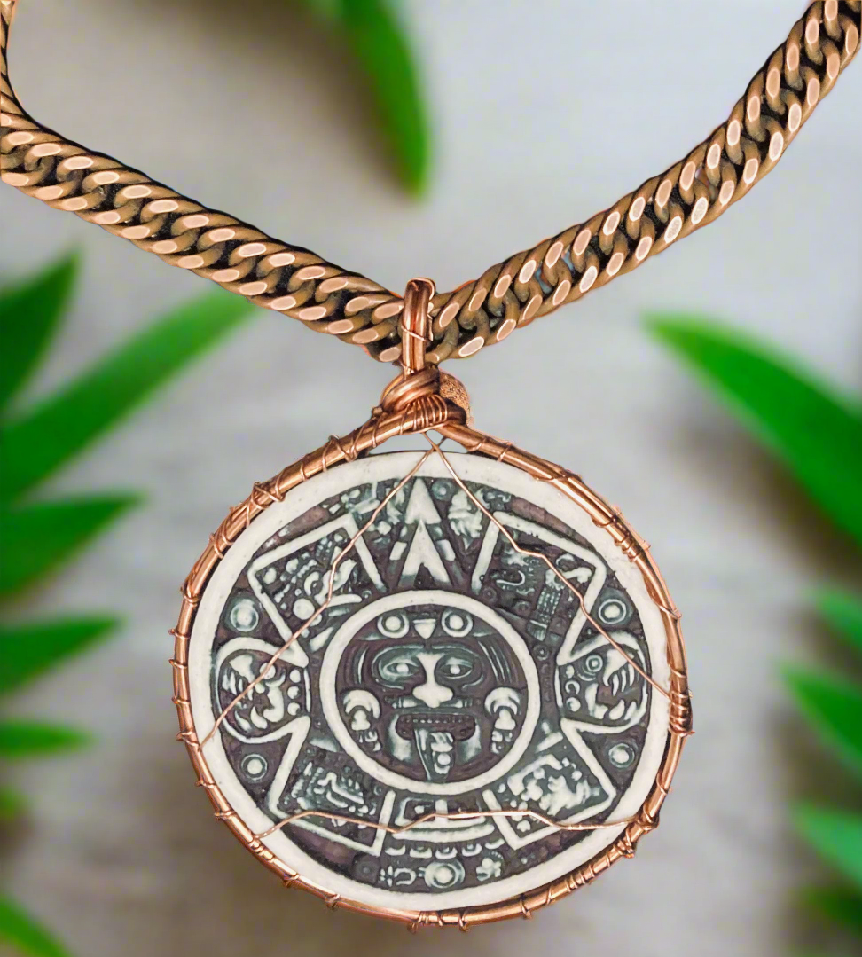 Custom wire wrapped Mayan Calendar Pendant with Cuban link