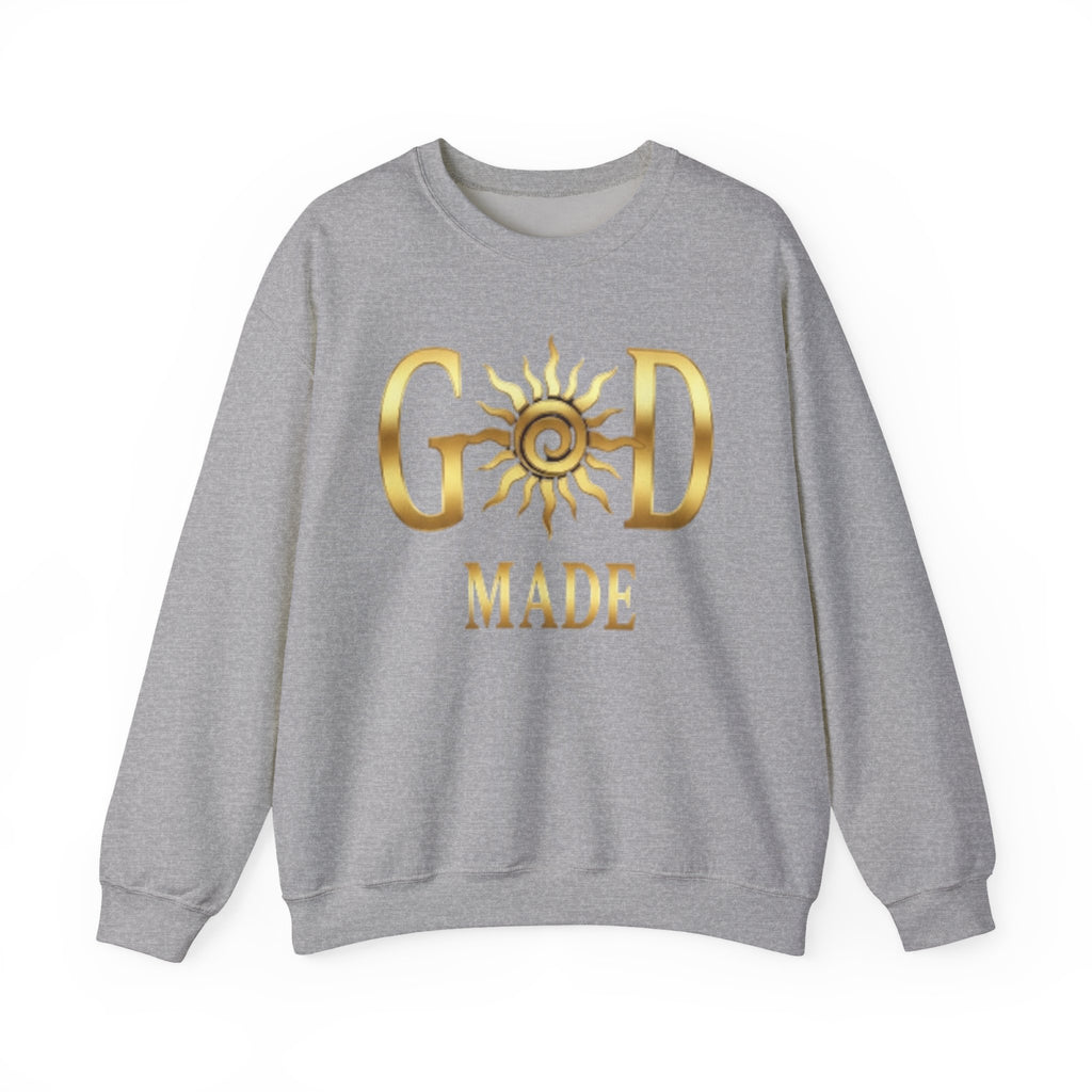 God Made Crewneck Sweatshirt — Gold Sun Faith Graphic