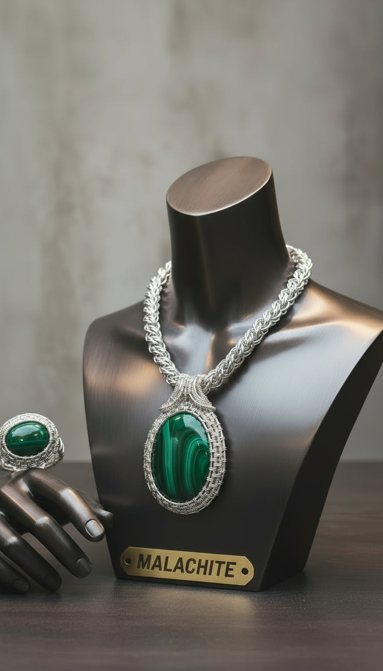 Non Tarnishing silver Wire Wrapped Malachite Set