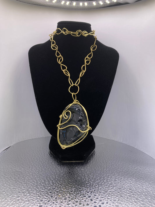 iamevibez Custom Wire Wrapped Brass Black Obsidian Amulet