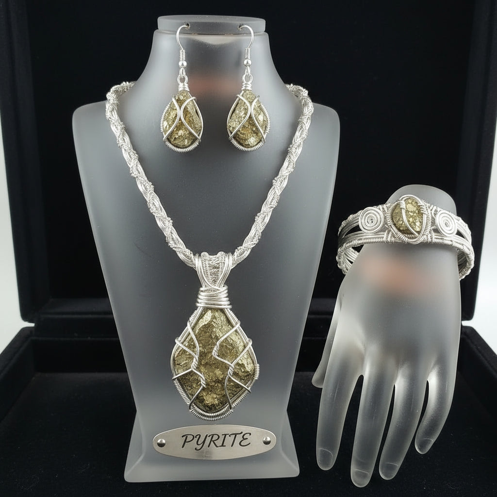 Non Tarnishing Silver Wire Wrapped Pyrite Set