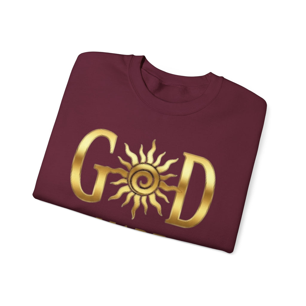 God Made Crewneck Sweatshirt — Gold Sun Faith Graphic