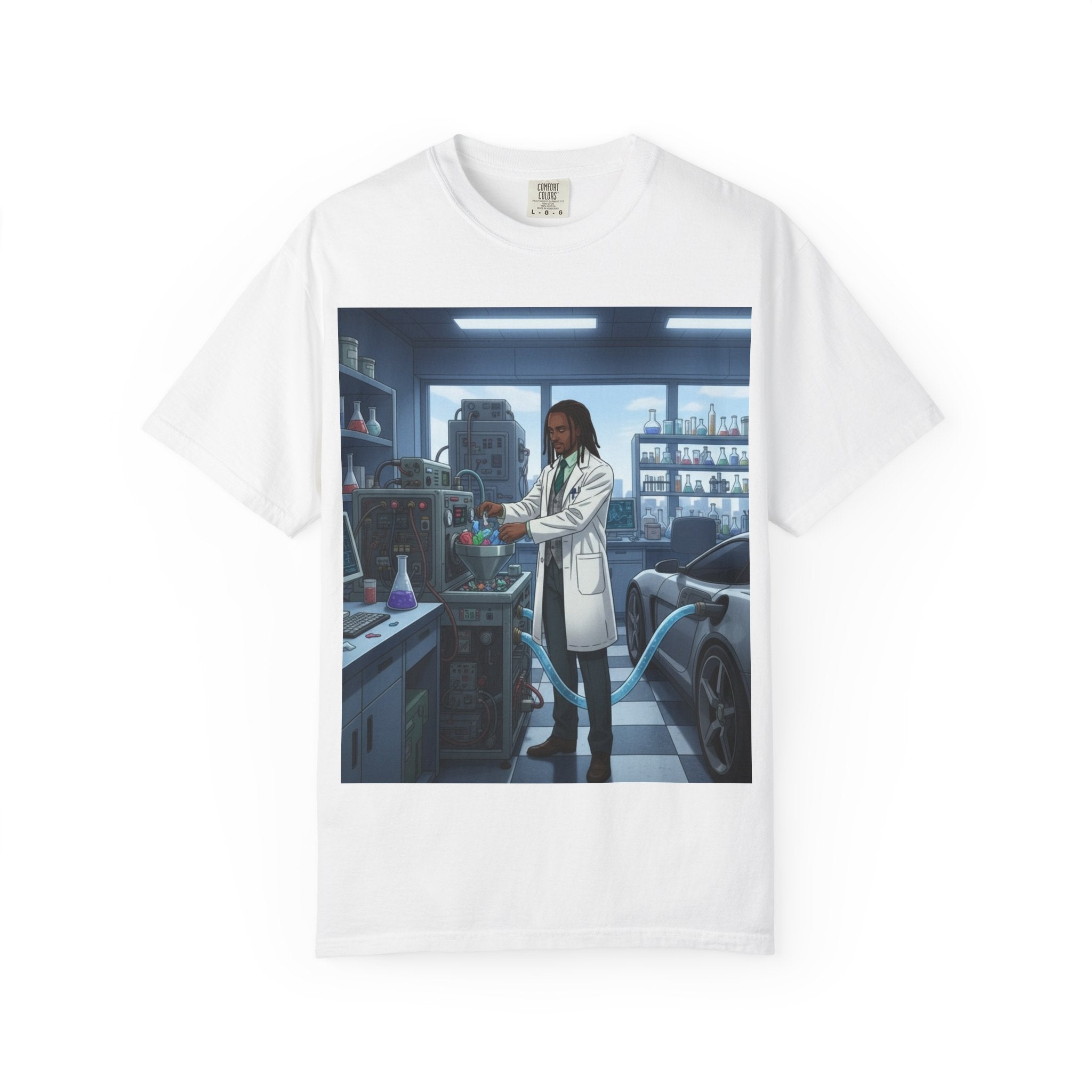 Nature Jab Lab Tech Garage Scene T-Shirt — Scientist at Work Graphic Tee
