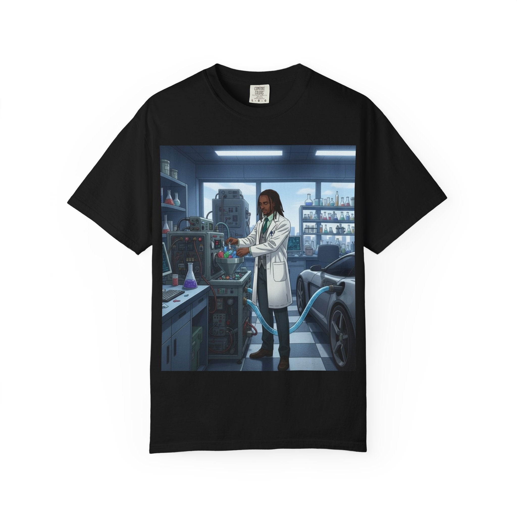 Nature Jab Lab Tech Garage Scene T-Shirt — Scientist at Work Graphic Tee
