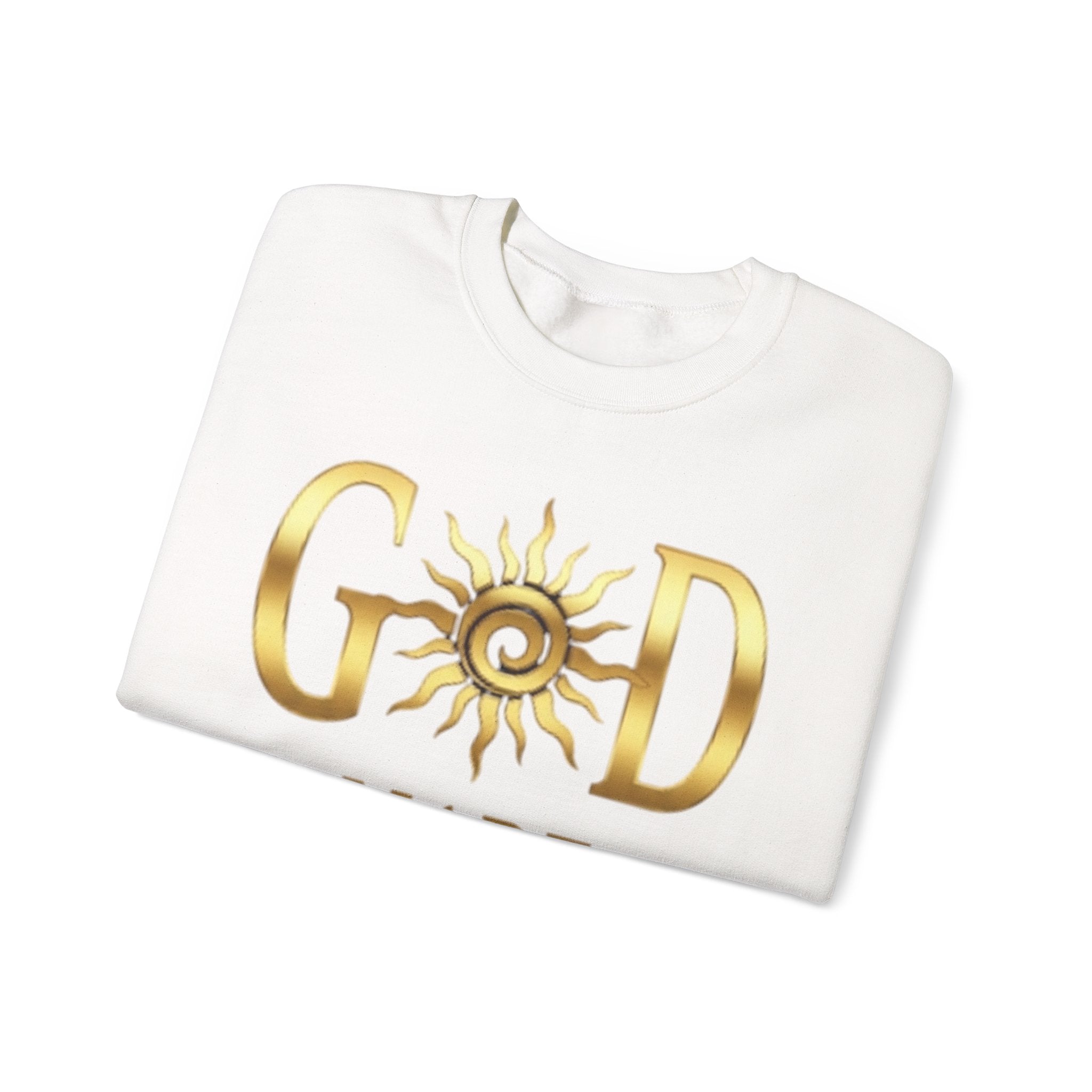 God Made Crewneck Sweatshirt — Gold Sun Faith Graphic