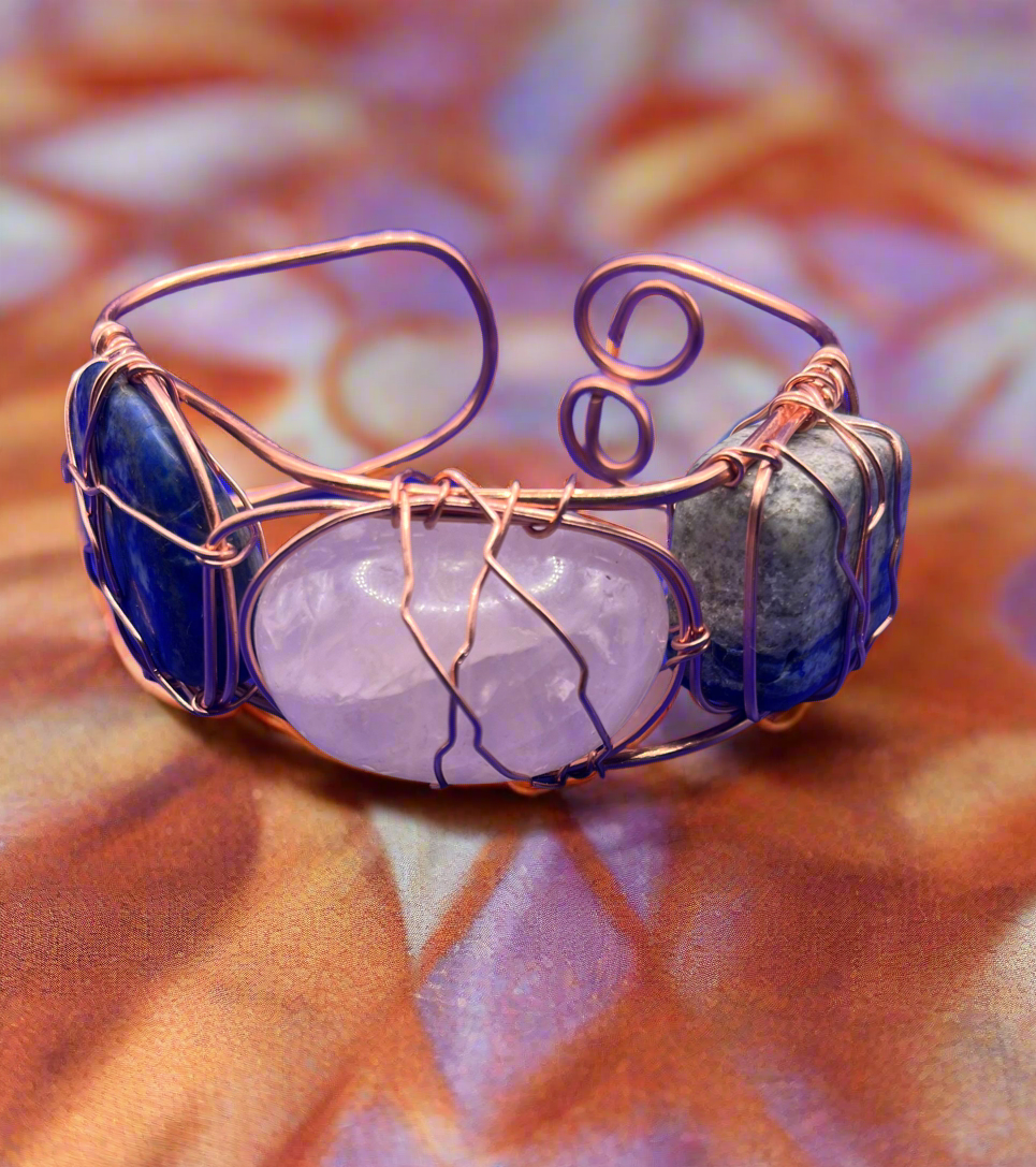iamevibez Custom Pure Copper Chunky Wire Wrapped Lapis Lazuli & Rose Quartz Duo Bracelet