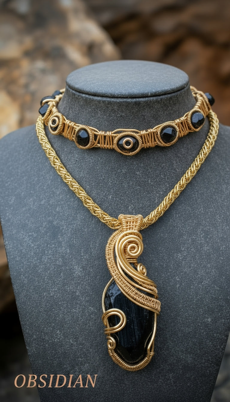 Gold Non Tarnishing Black Obsidian Set